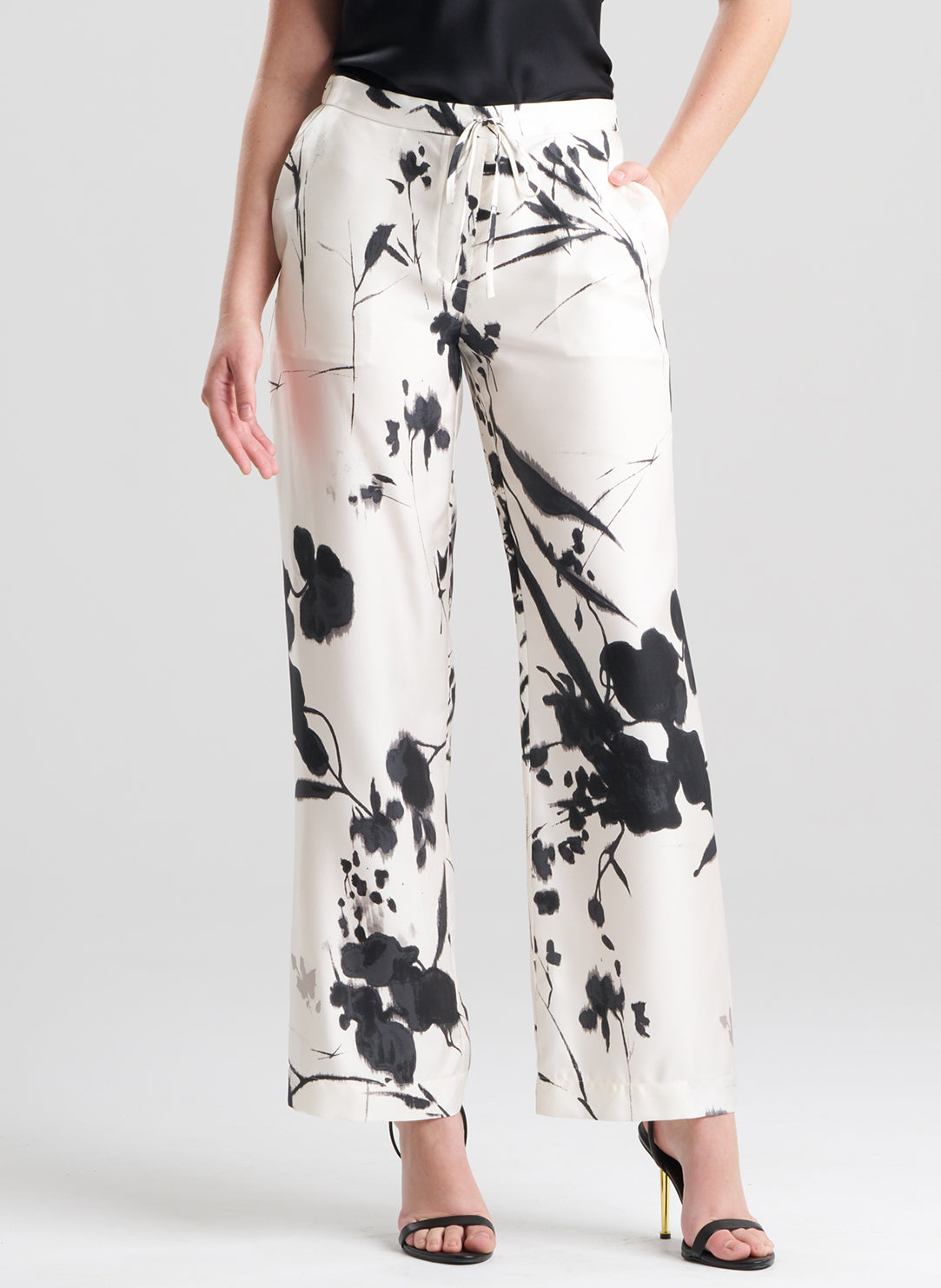 Nara Silk Twill Black/White Pull on Pants