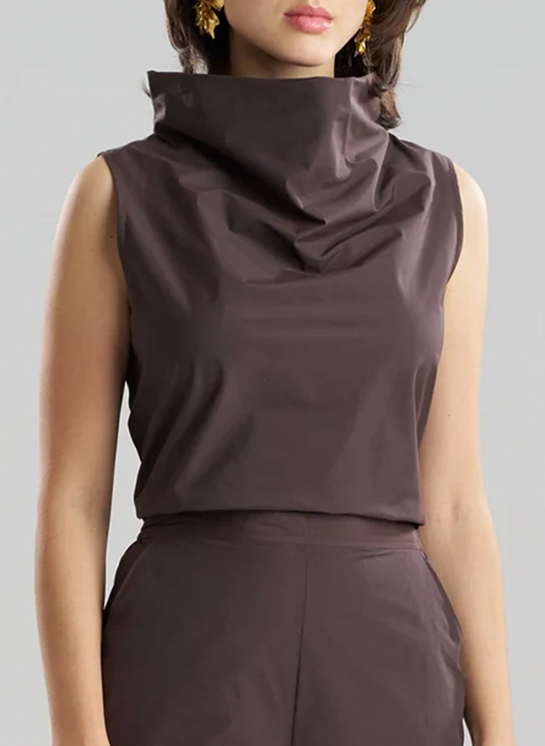 Techno Poplin Dark Brown Funnel Neck Top