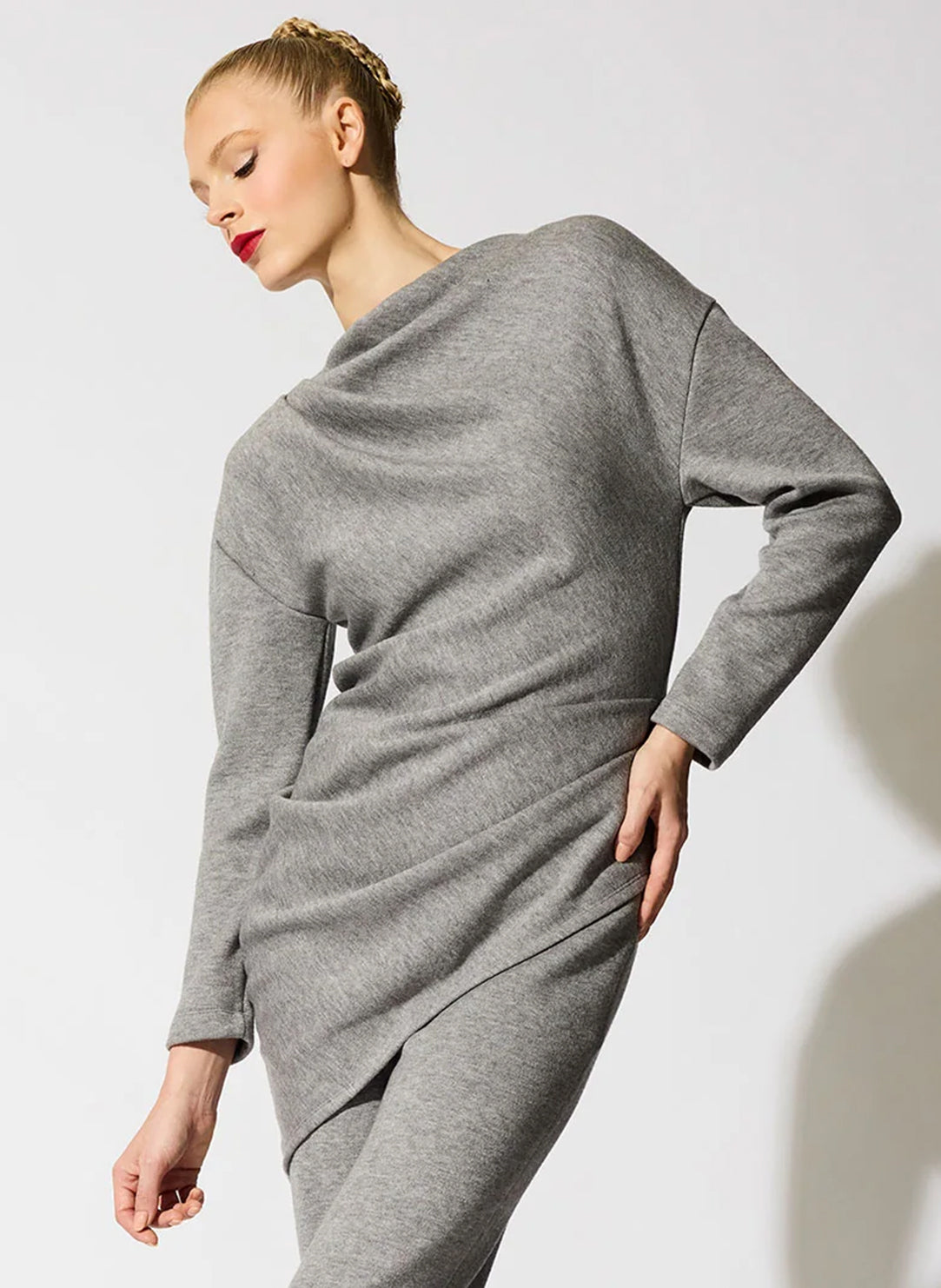 Double Knit Heather Grey Long Sleeve Draped Top