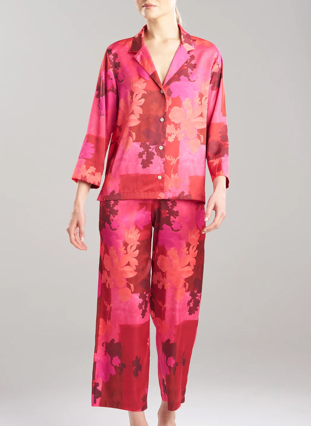 Coromandel Printed Stretch Satin Magenta Notch PJ Set