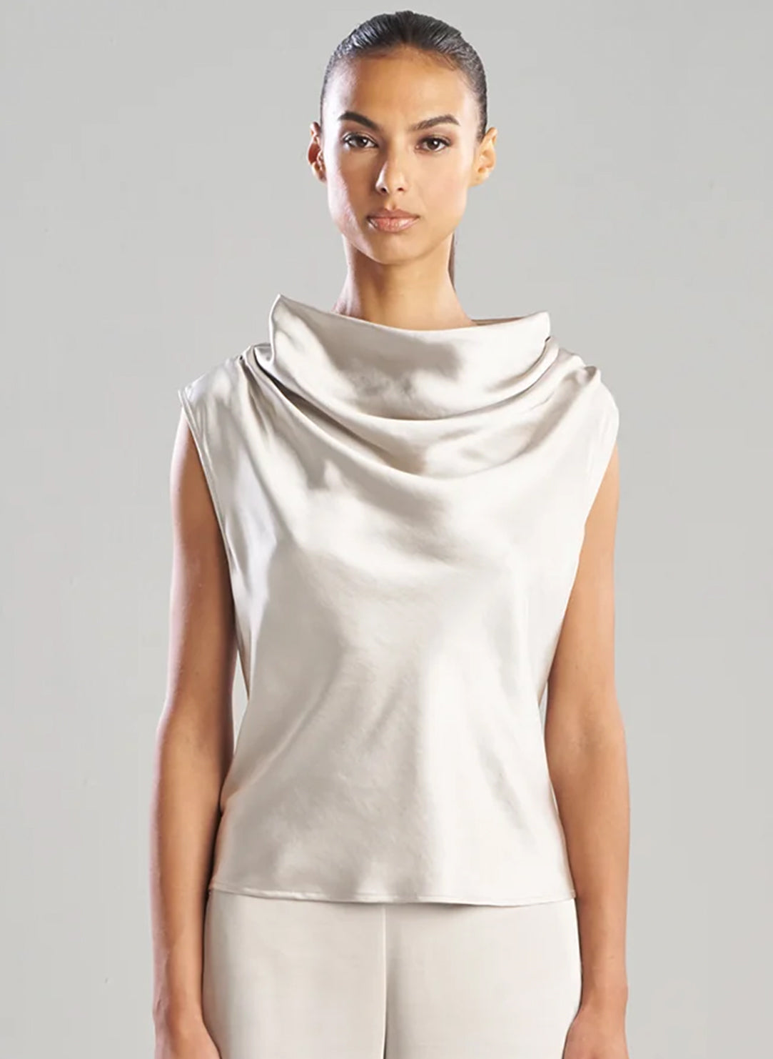 Luxe Satin Pearl Drape Neck Top