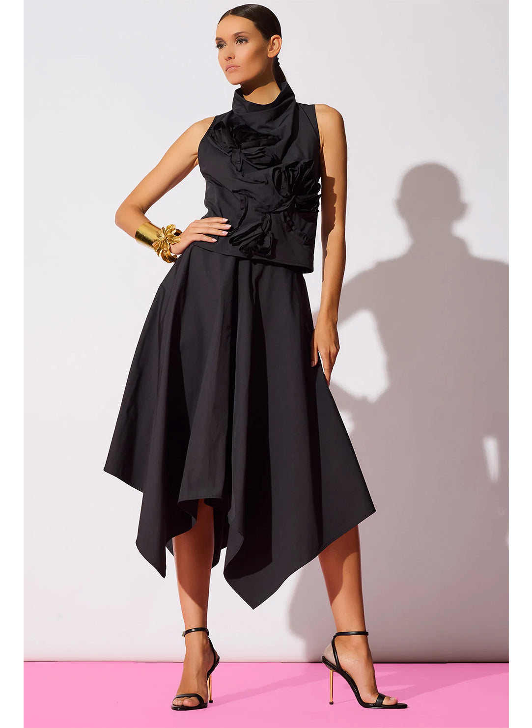 Solid Tech Cotton Taffeta Black Embroidered Funnel Neck Top