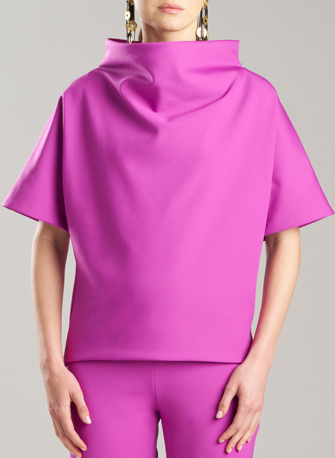 Techno Crepe Magenta Funnel Neck High Low Top