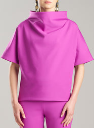 Techno Crepe Magenta Funnel Neck High Low Top