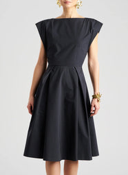 Solid Tech Cotton Taffeta Black Fit and Flare Dress