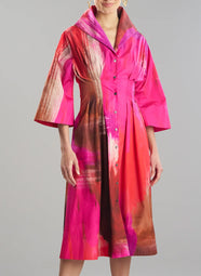 Brushstroke Magenta Cotton Taffeta Bell Sleeve Dress