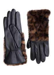 Faux Fur Natural Black Leopard Leather Gloves
