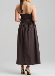 Solid Techno Poplin Dark Brown Strapless Belted Dress with Embroidery