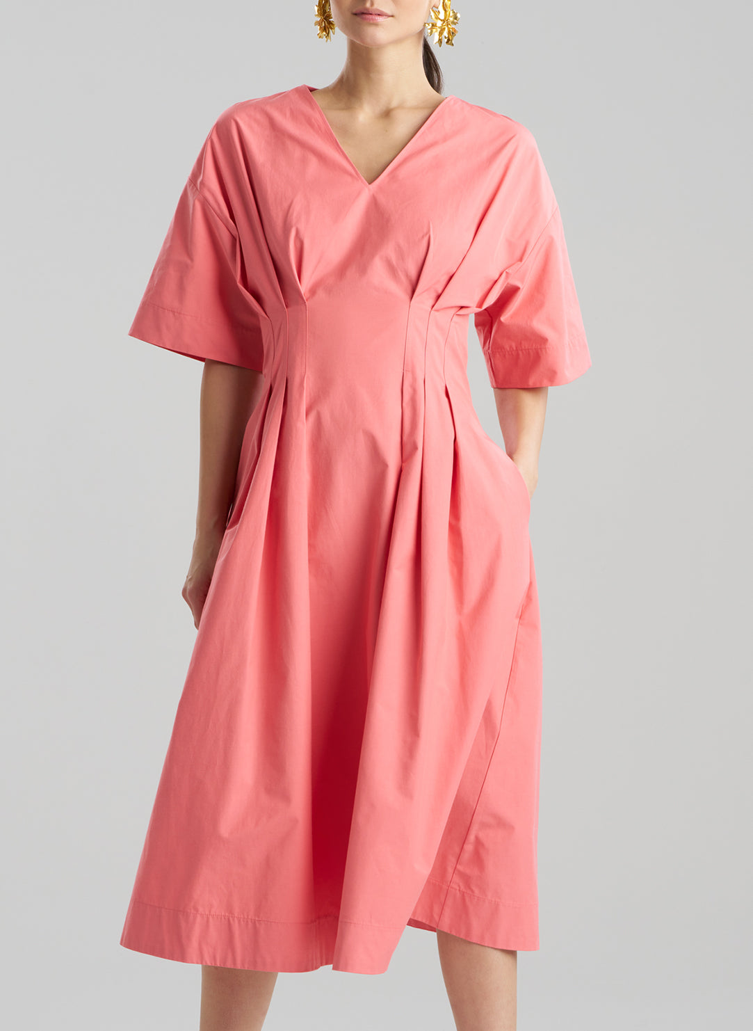 Tech Cotton Taffeta Flamingo V-Neck Pleat Dress