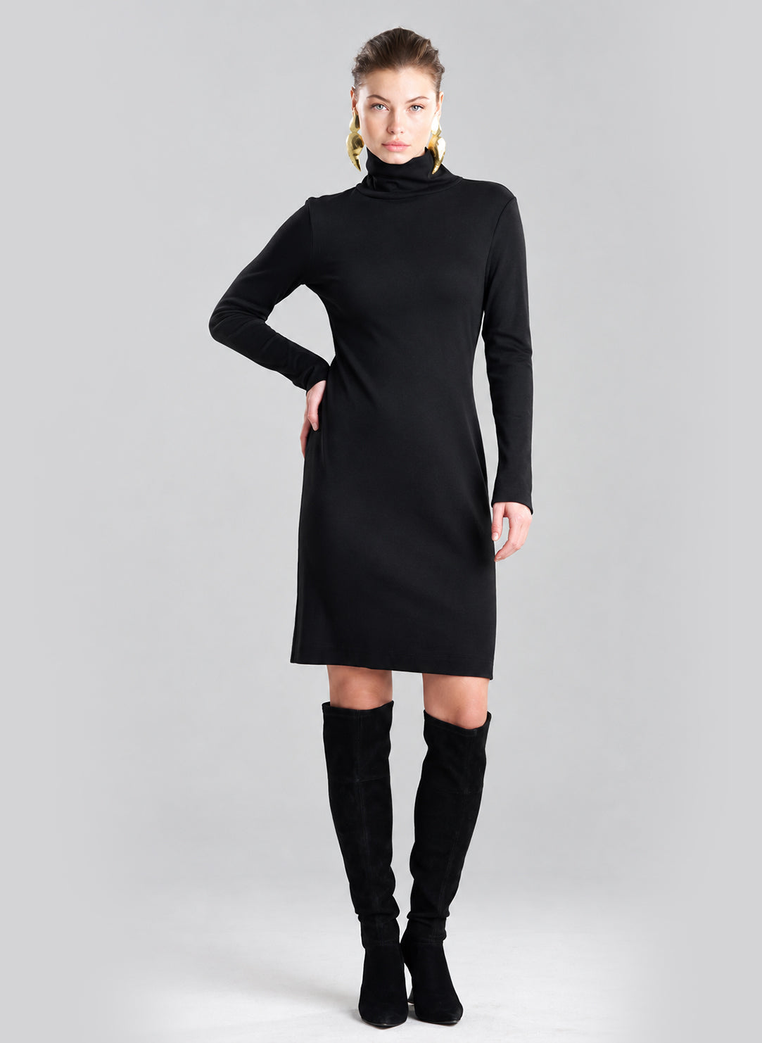 Layering Jersey Black Turtleneck Dress