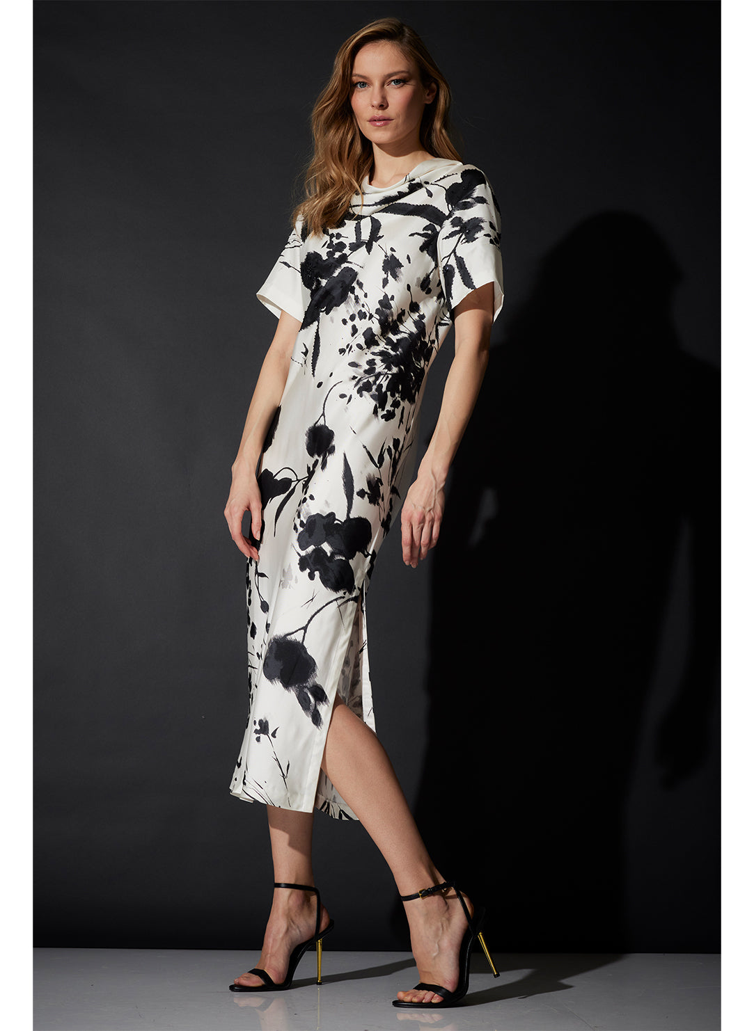 Nara Silk Twill Black/White Drape Neck Column Dress