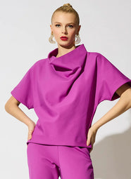 Techno Crepe Magenta Funnel Neck High Low Top