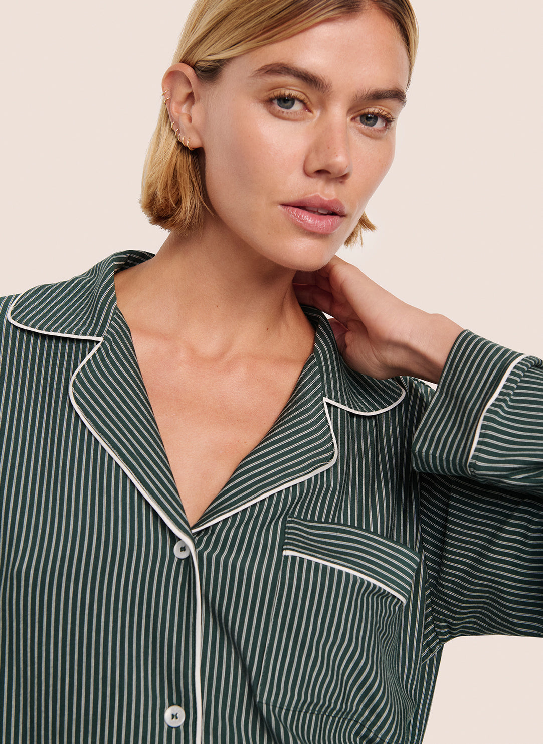 Gisele Printed Duo Stripe Pine/Ivory Pajama Set
