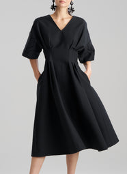 Canvas Black V-Neck Pleat Dress with Embroidery