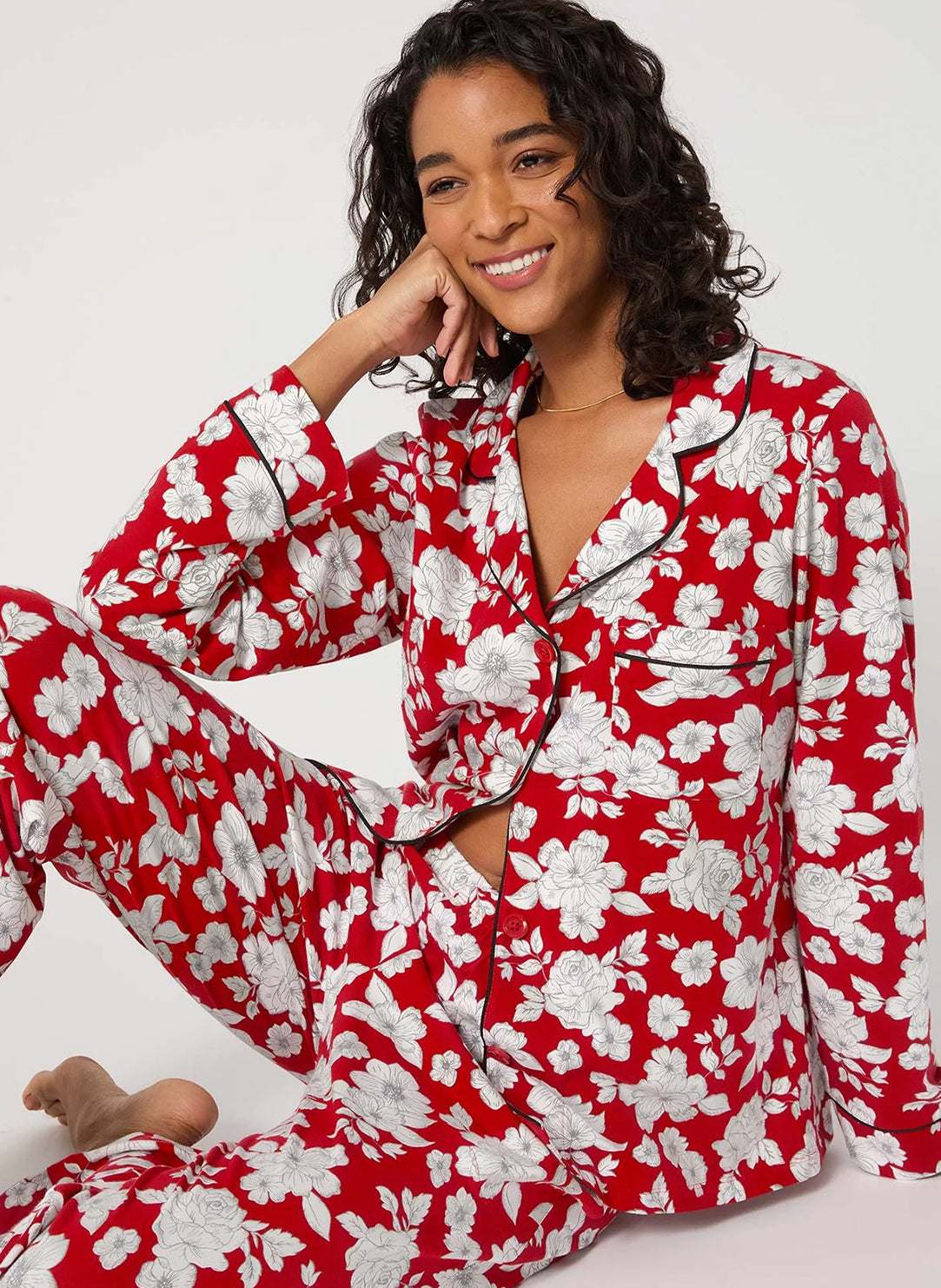 Floral Charm Red Long Pajama Set