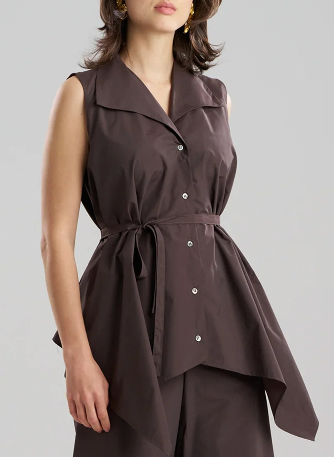 Solid Techno Poplin Dark Brown Sleeveless Handkerchief Hem Shirt