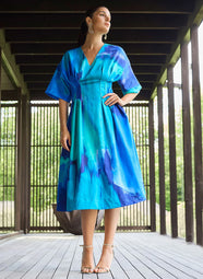 Brushstroke Blue Cotton Chino V-Neck Pleat Dress