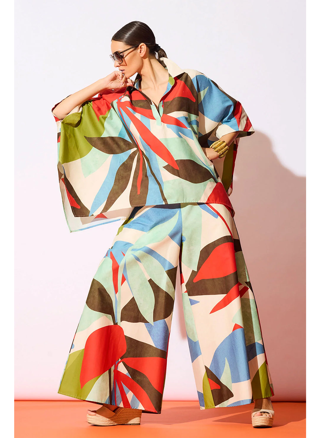 Abstract Palm Cotton Poplin Multi Palazzo Pant
