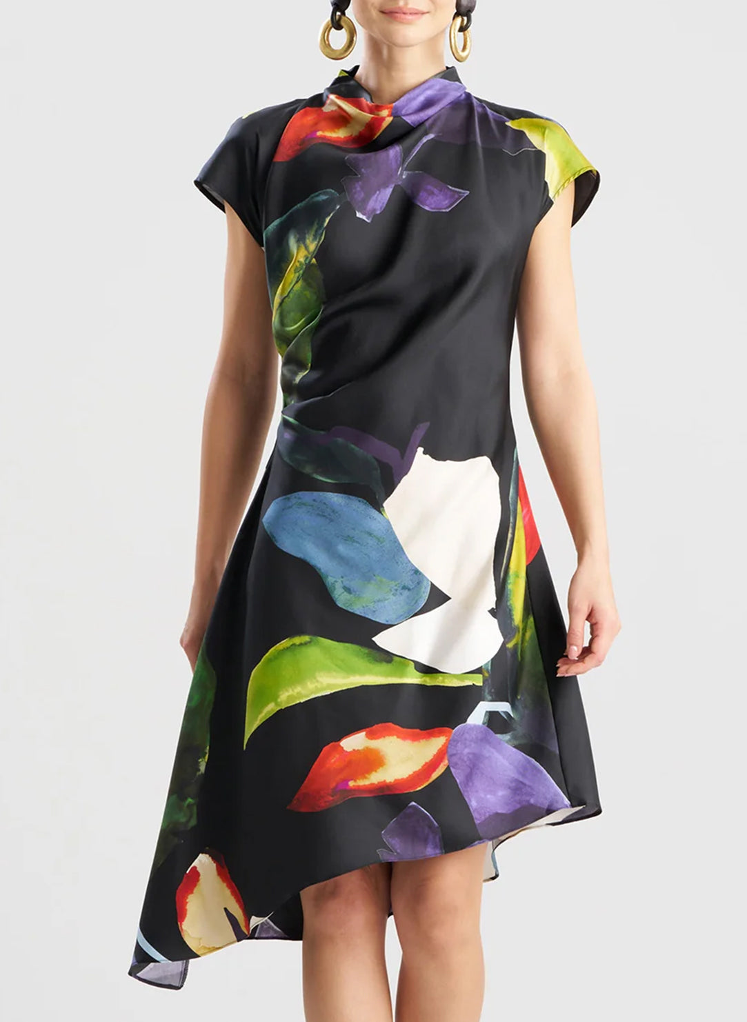 Yoru Silk Twill Black Multi Asymmetric Pleated Dress