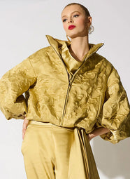 Luxe Satin Gold Embroidered Padded Bomber Jacket