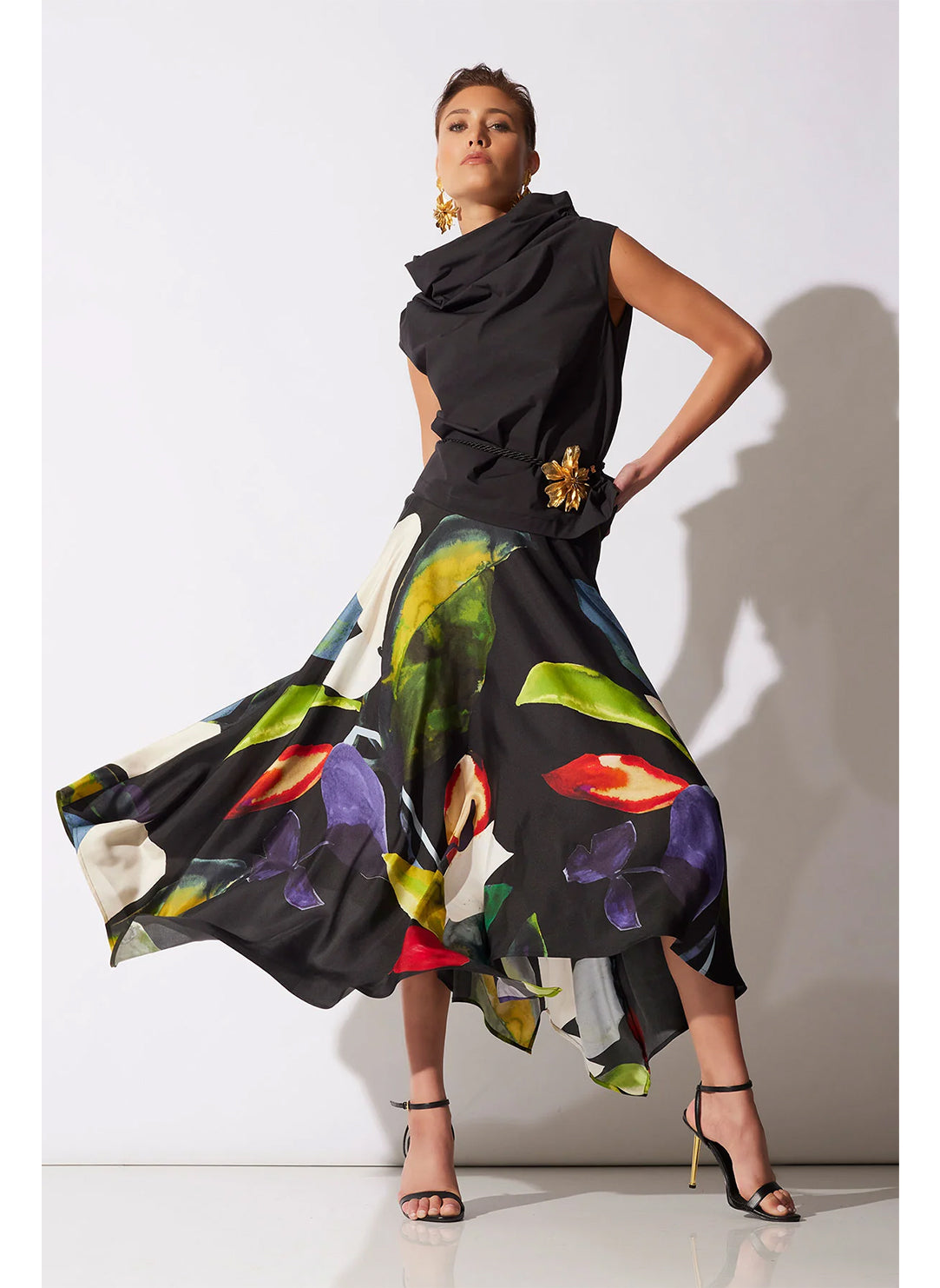 Yoru Silk Twill Black Multi Origami Maxi Skirt