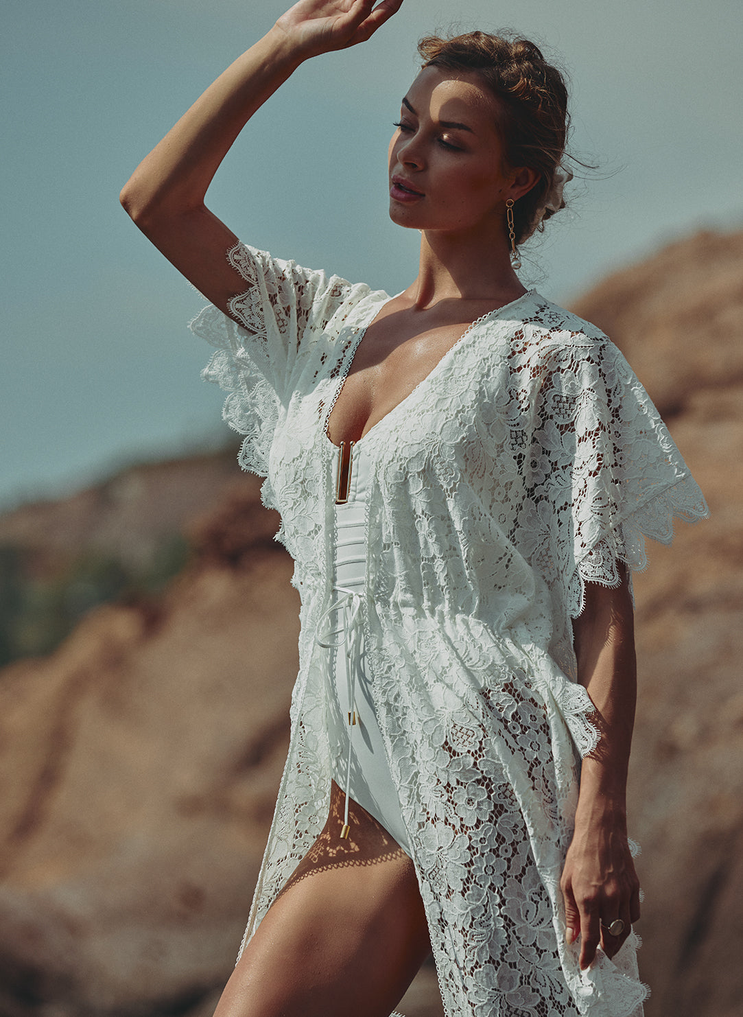 Celeste Dentelle Naturel Lace Long Beach Caftan