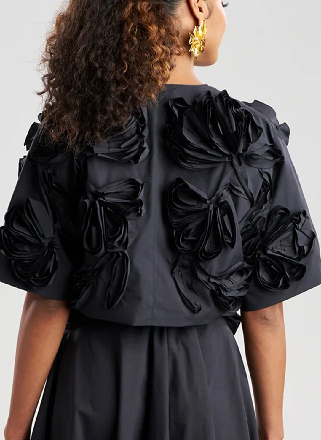 Solid Tech Cotton Taffeta Black 3D Embroidered Bolero