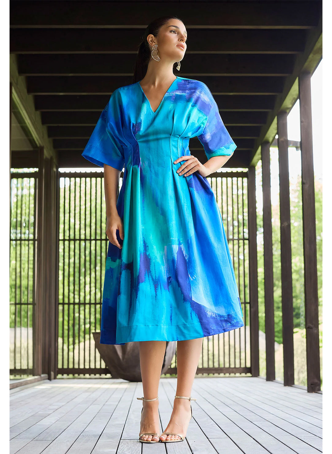 Brushstroke Blue Cotton Chino V-Neck Pleat Dress