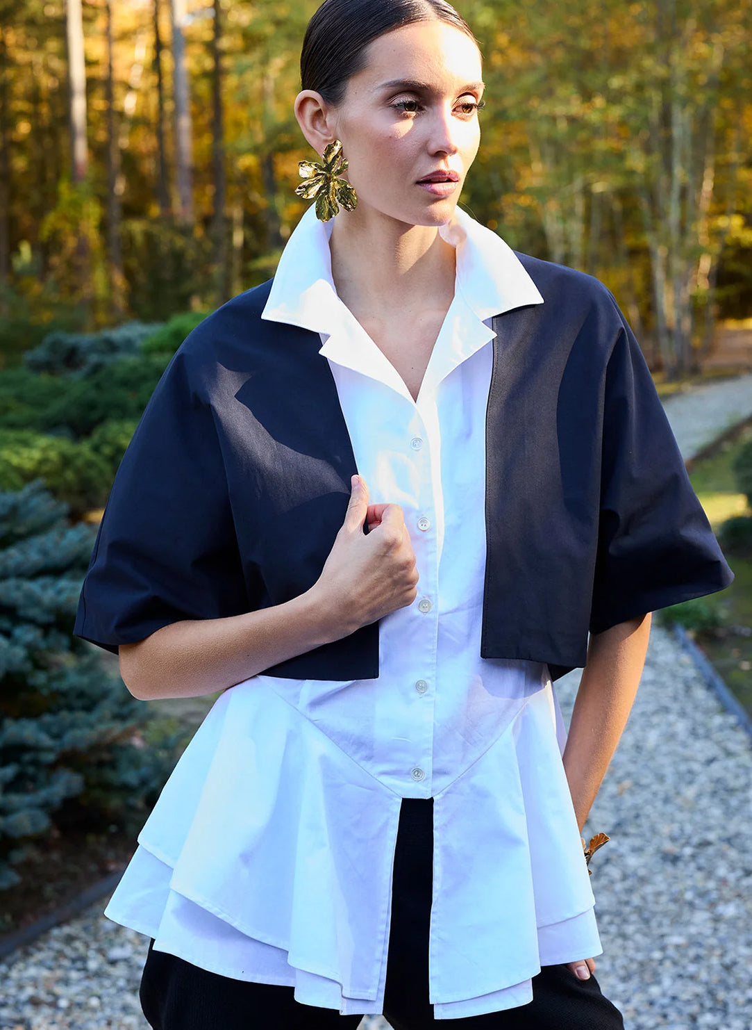 Solid Techno Poplin White Tiered Hem Short Sleeve Shirt