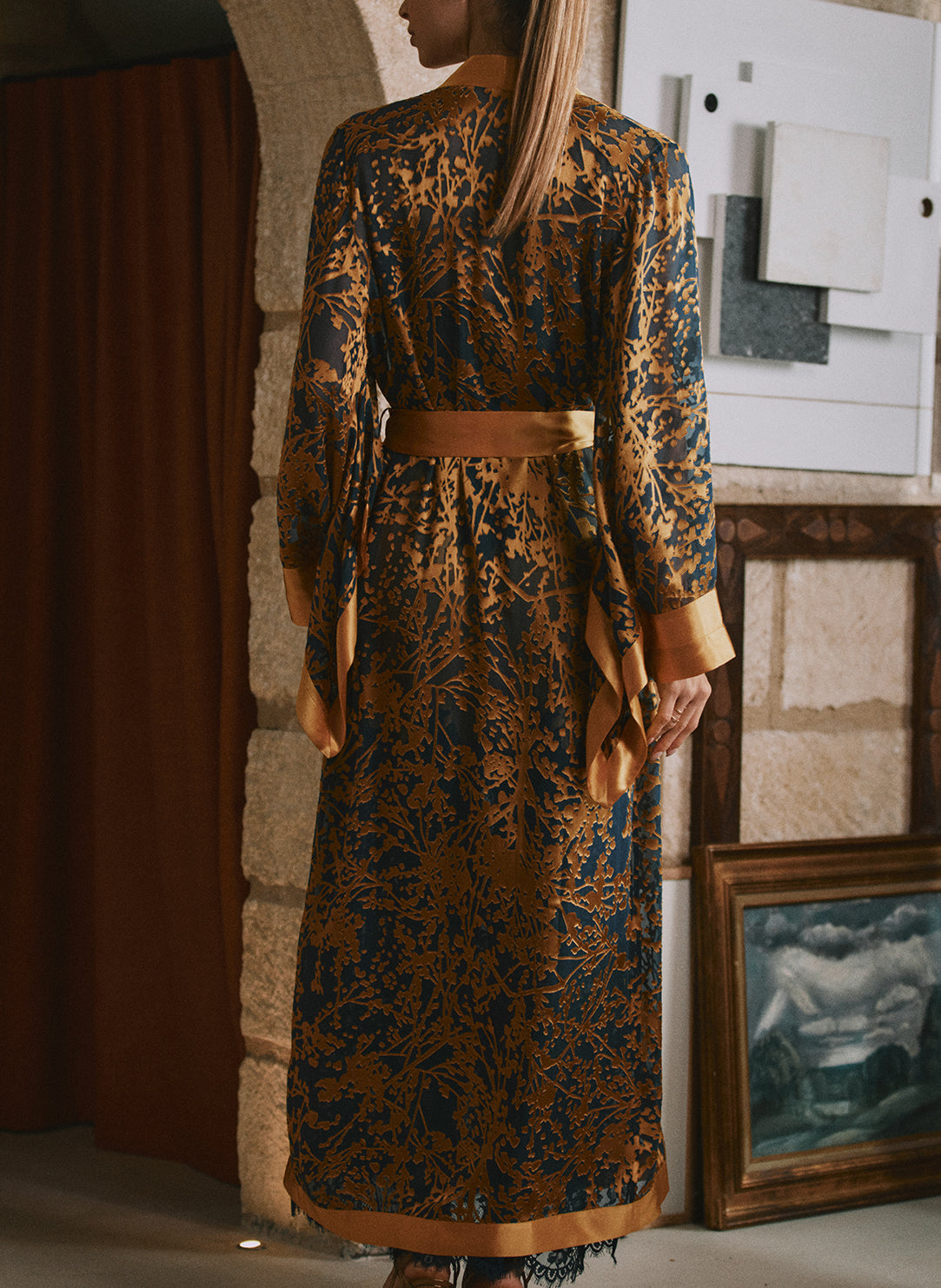 Dahlia Mousseline Dore Print Burnout Long Robe