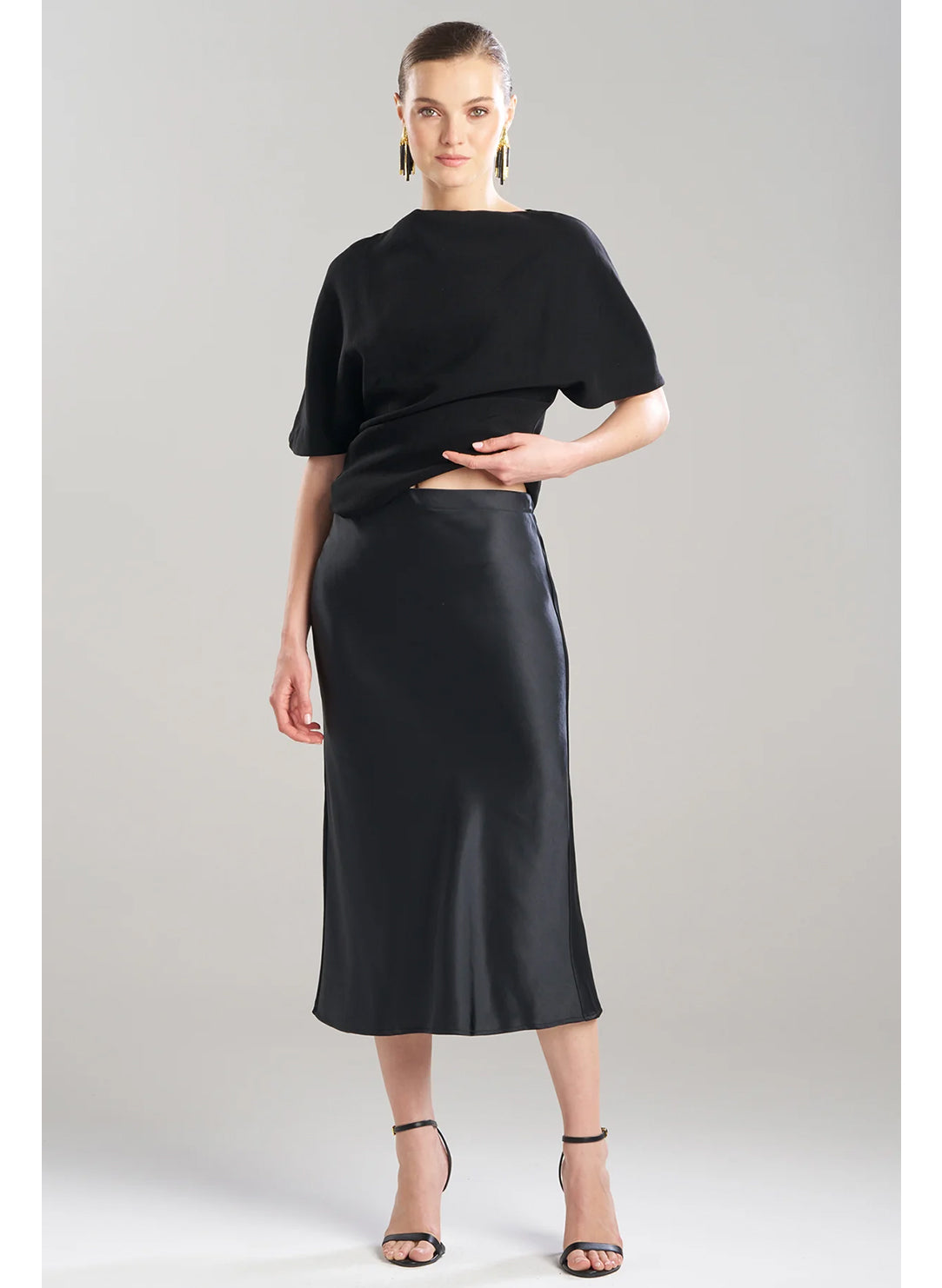 Luxe Satin Black Pull on Midi Skirt