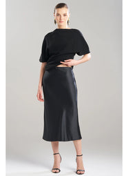 Luxe Satin Black Pull on Midi Skirt