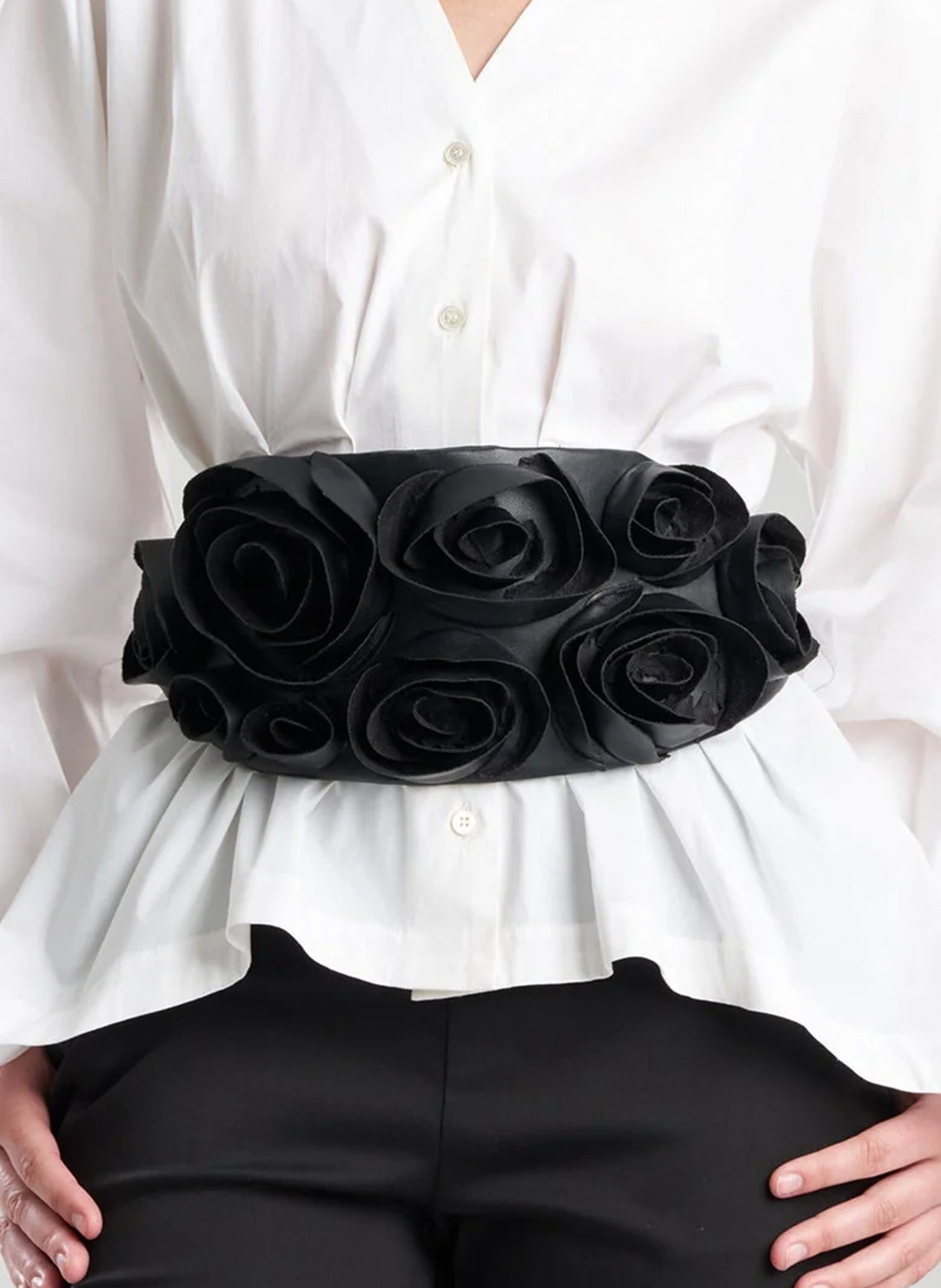 Vegan Luxe Lambskin Black Obi Belt with 3D Floral