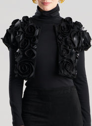 Vegan Luxe Suede Black Vest with 3D Floral Embroidery