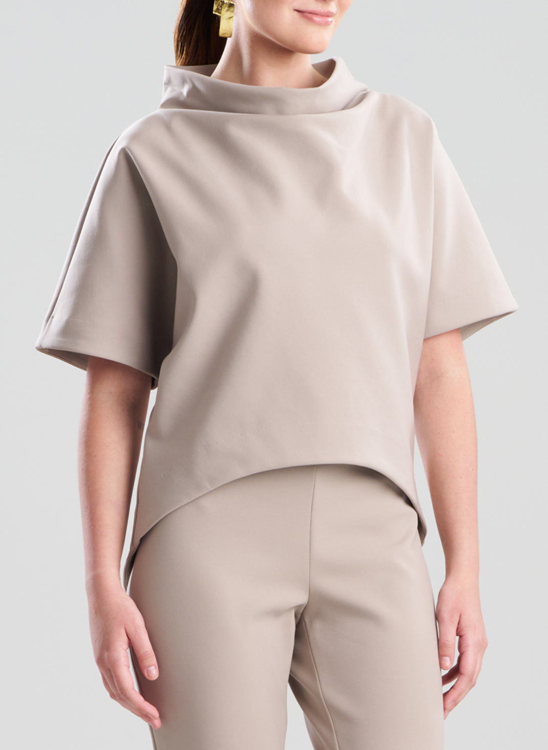Techno Crepe Taupe Funnel Neck High Low Top