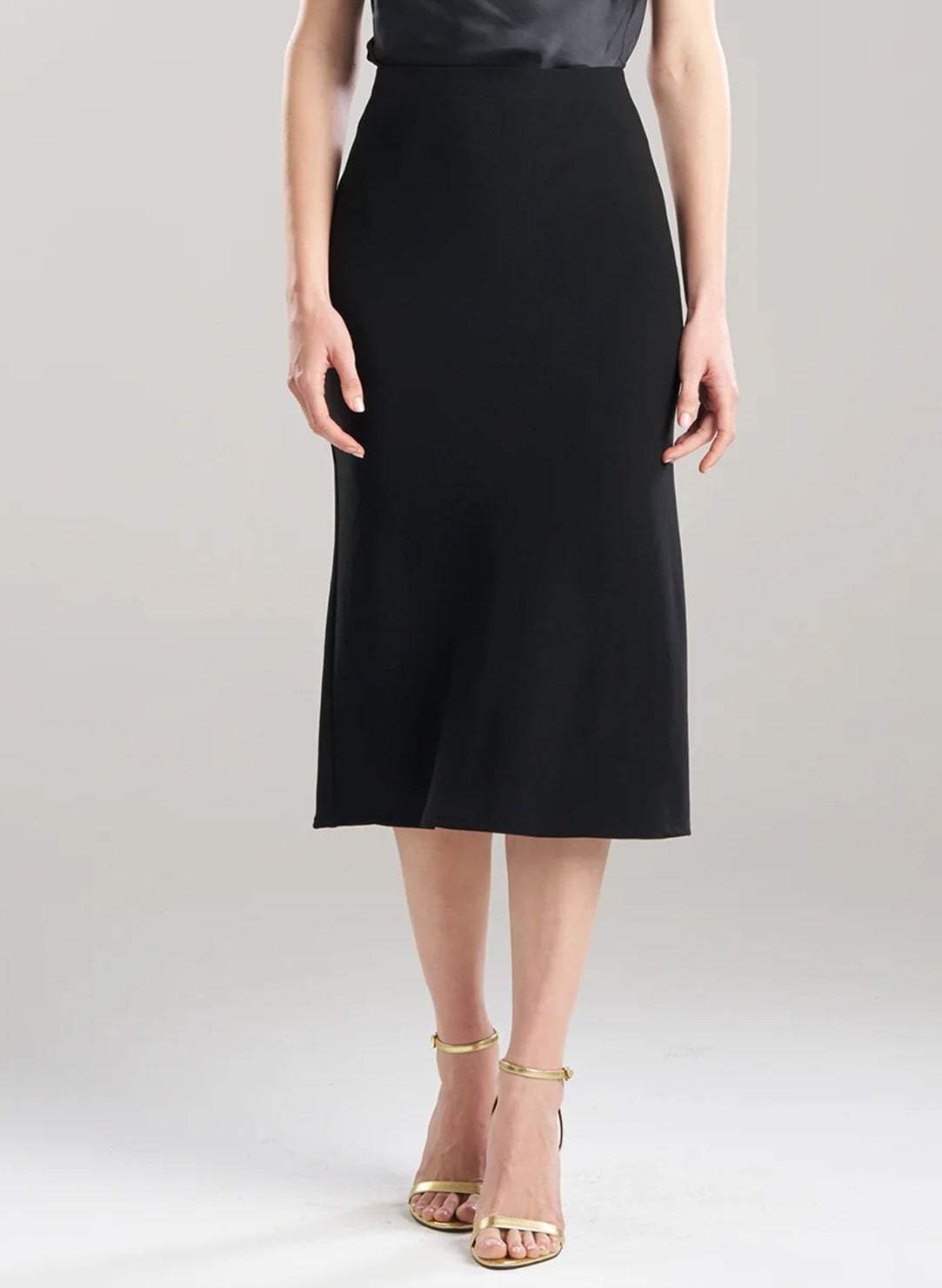 Stretch Crepe Black Pull on Midi Skirt