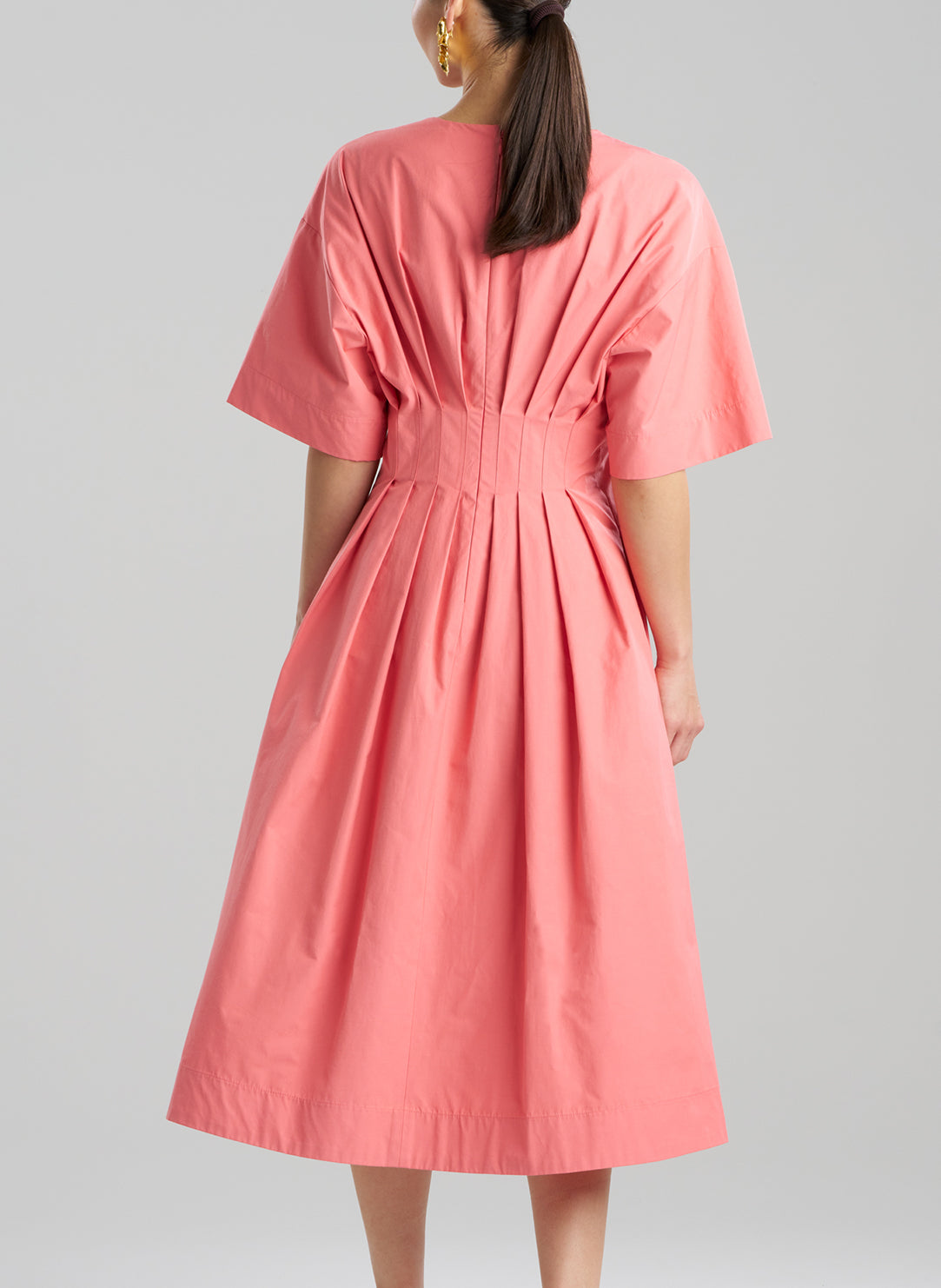Tech Cotton Taffeta Flamingo V-Neck Pleat Dress