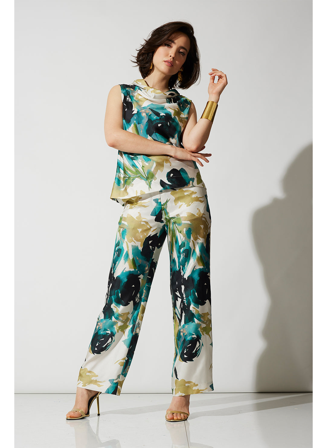 Mira Silk Twill Midnight Teal Belted Funnel Neck Top