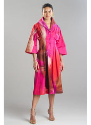 Brushstroke Magenta Cotton Taffeta Bell Sleeve Dress