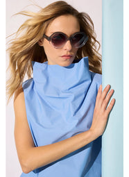 Techno Poplin Blue Iris Funnel Neck Top