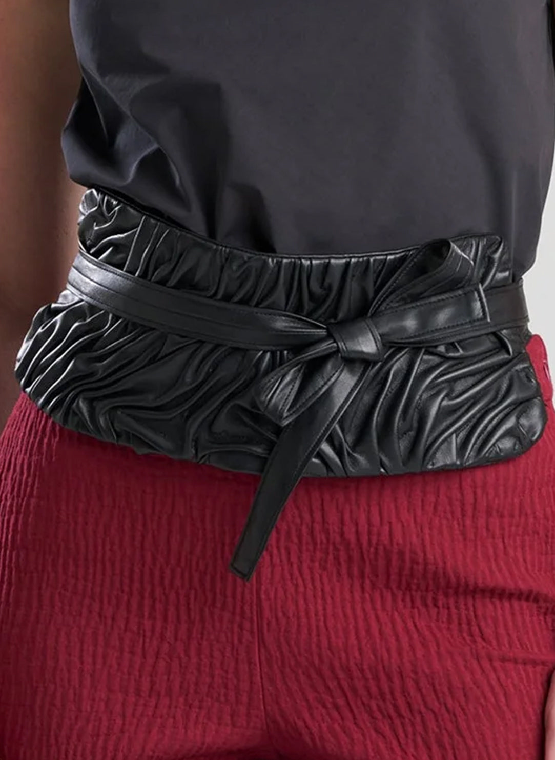 Vegan Luxe Lambskin Black Obi Belt with Texture Embroidery