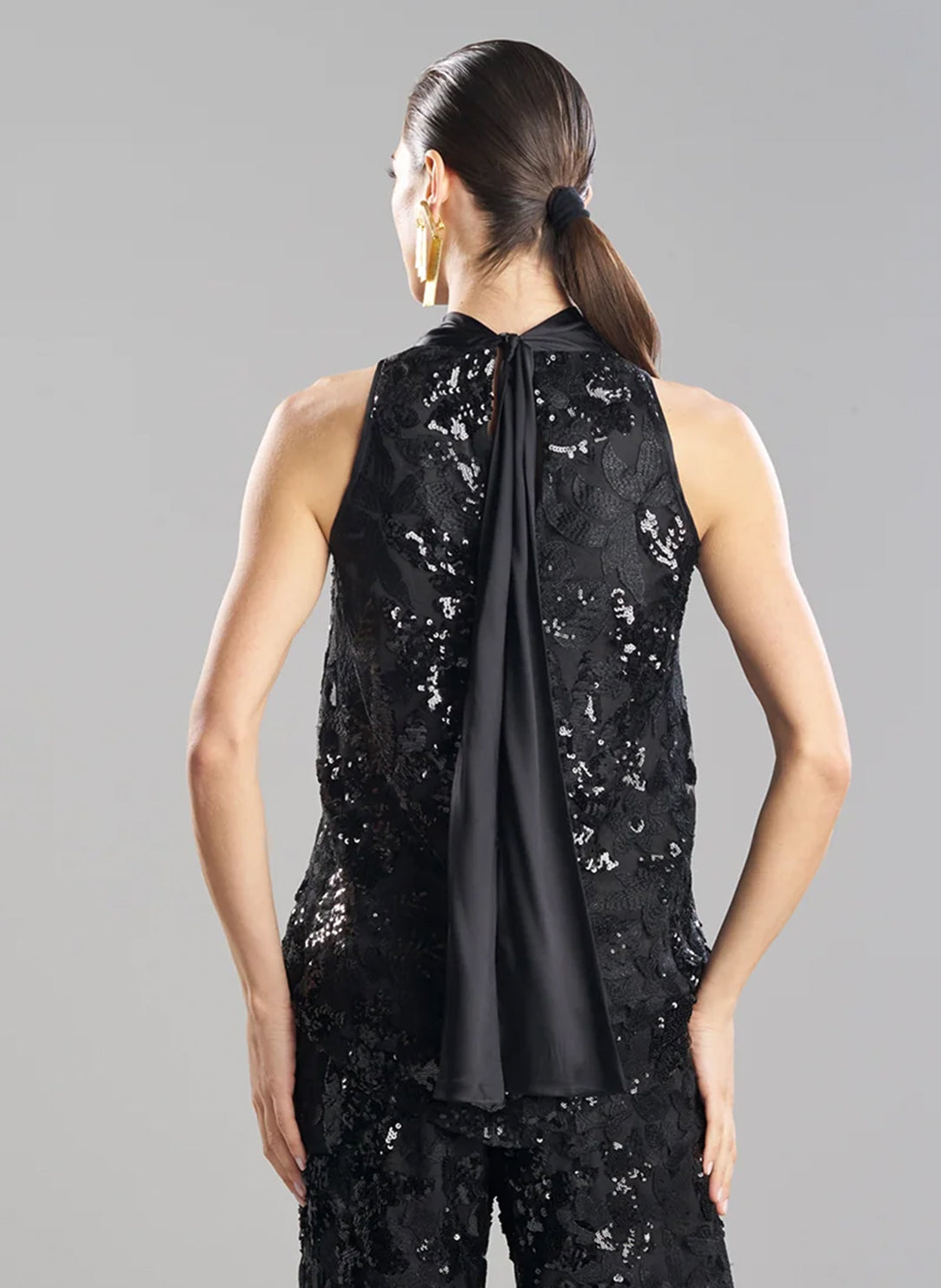 Floral Sequin Lace Black Halter Scarf Top