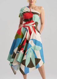 Abstract Palm Cotton Poplin Multi One Shoulder Dress