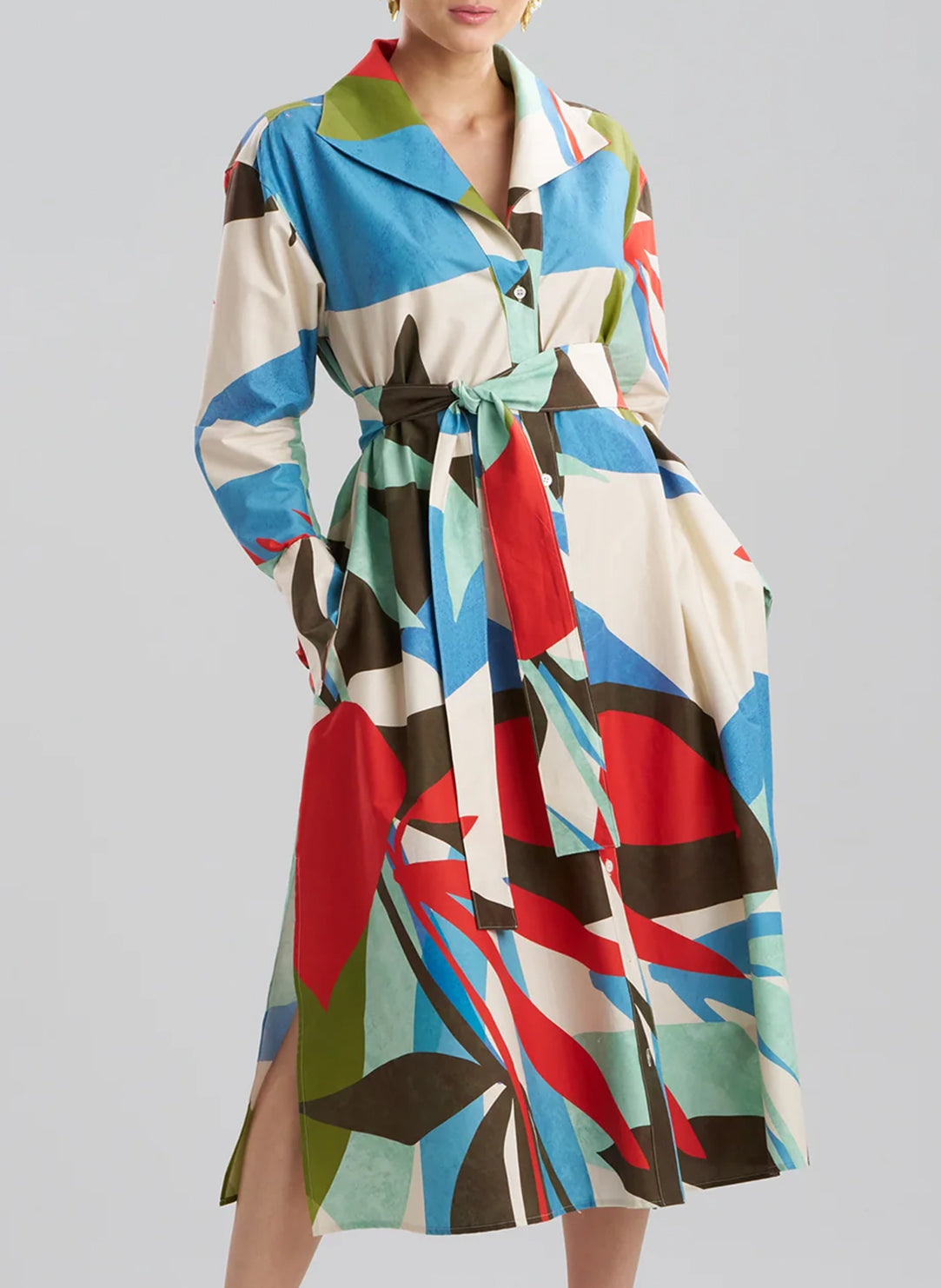 Abstract Palm Cotton Poplin Multi Button Down Shirt Dress