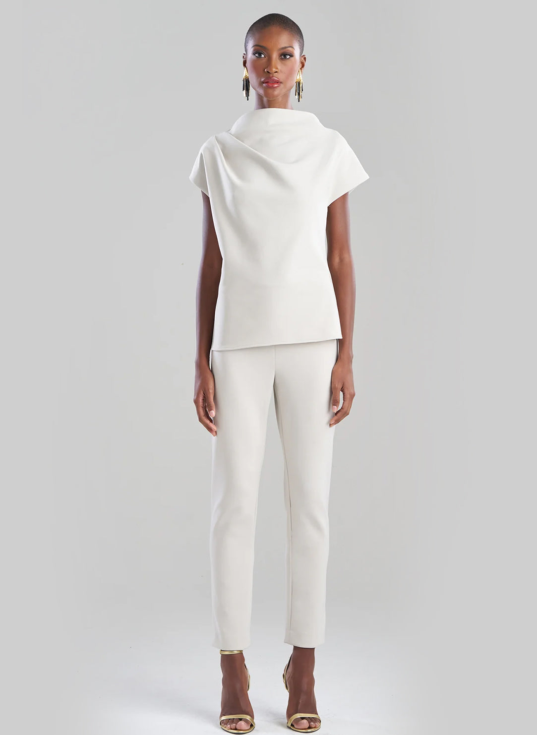 Techno Crepe Pearl Drape Neck Fitted Cap Sleeve Top