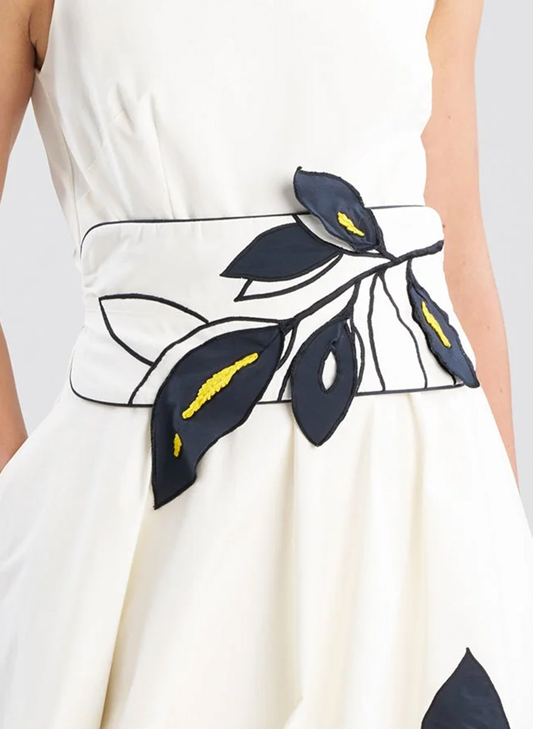 Tech Cotton Taffeta Whisper White Obi Belt with Embroidery