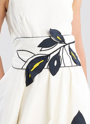 Tech Cotton Taffeta Whisper White Obi Belt with Embroidery