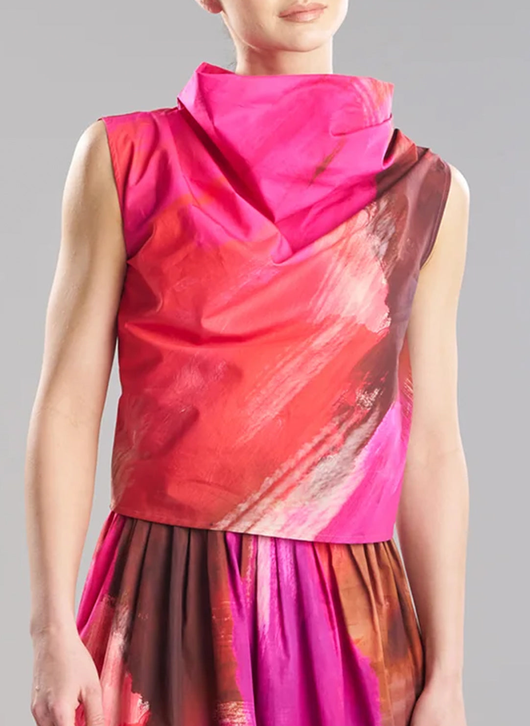 Brushstroke Magenta Cotton Taffeta Asymmetric Funnel Neck Top