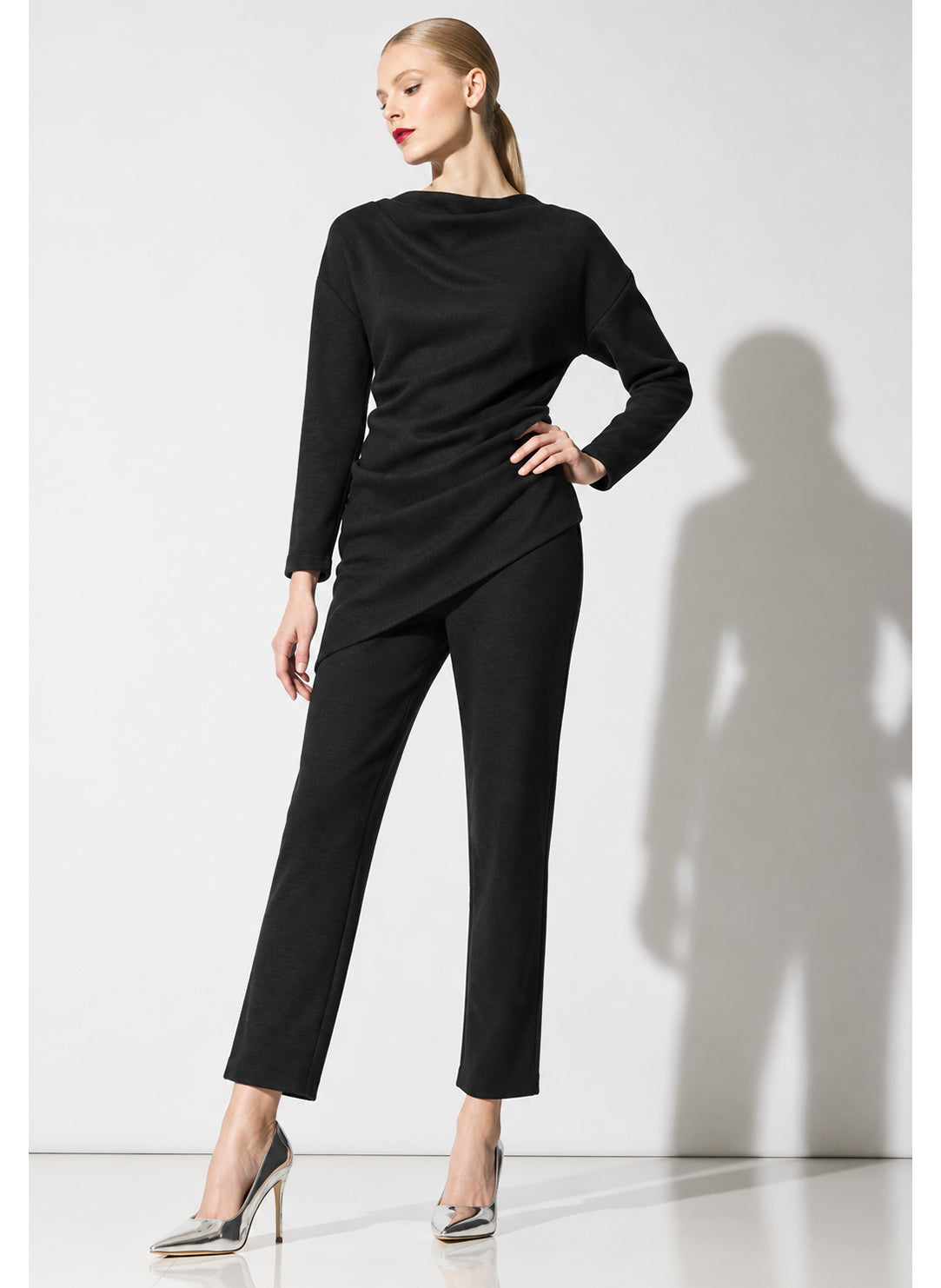 Double Knit Black Long Sleeve Draped Top