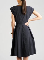 Solid Tech Cotton Taffeta Black Fit and Flare Dress